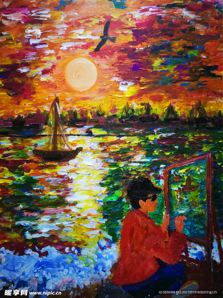 湖畔帆船和美术写生少年