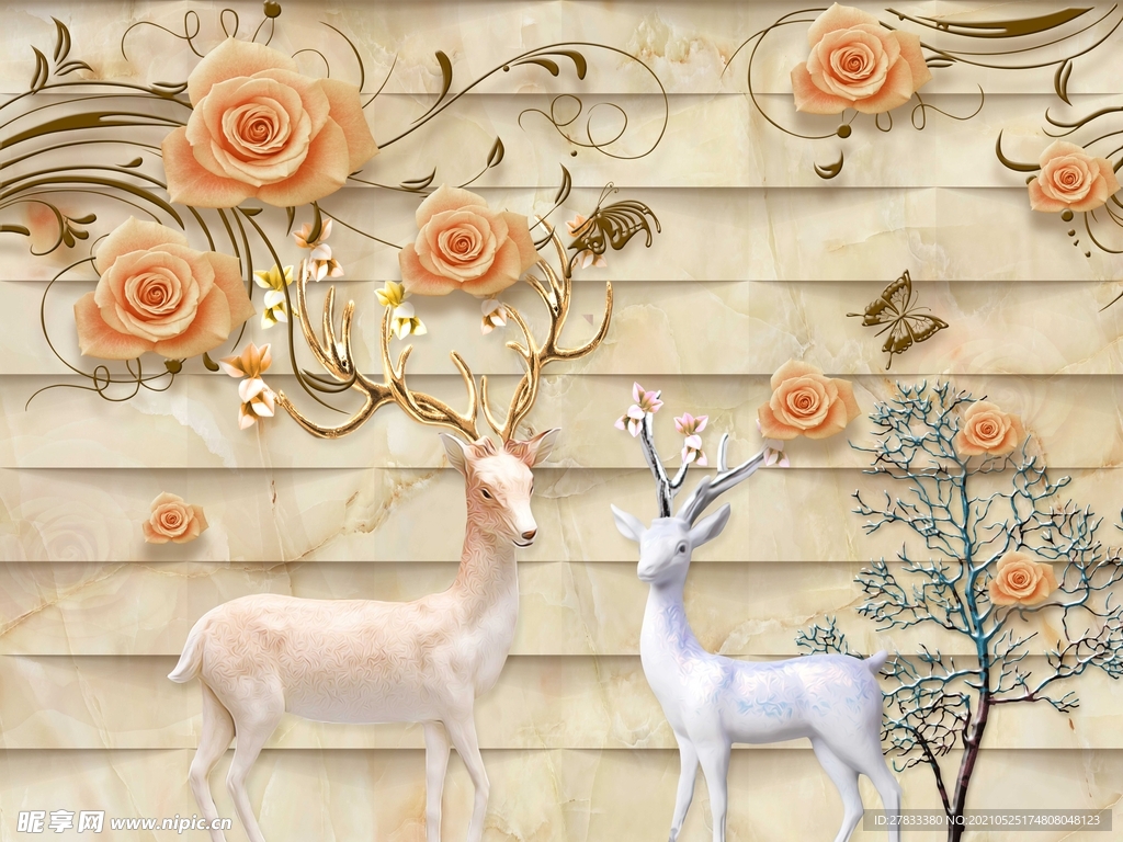 北欧麋鹿玫瑰花背景墙
