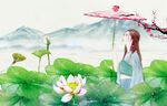 在雨天游玩荷塘的女孩