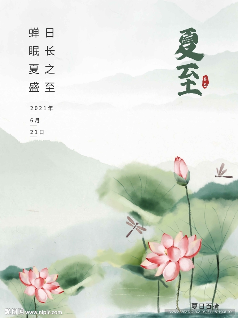 夏至节气水墨风海报荷花