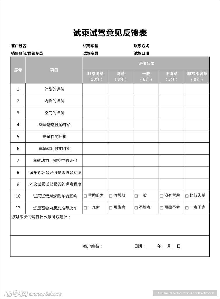 试乘试驾意见反馈表