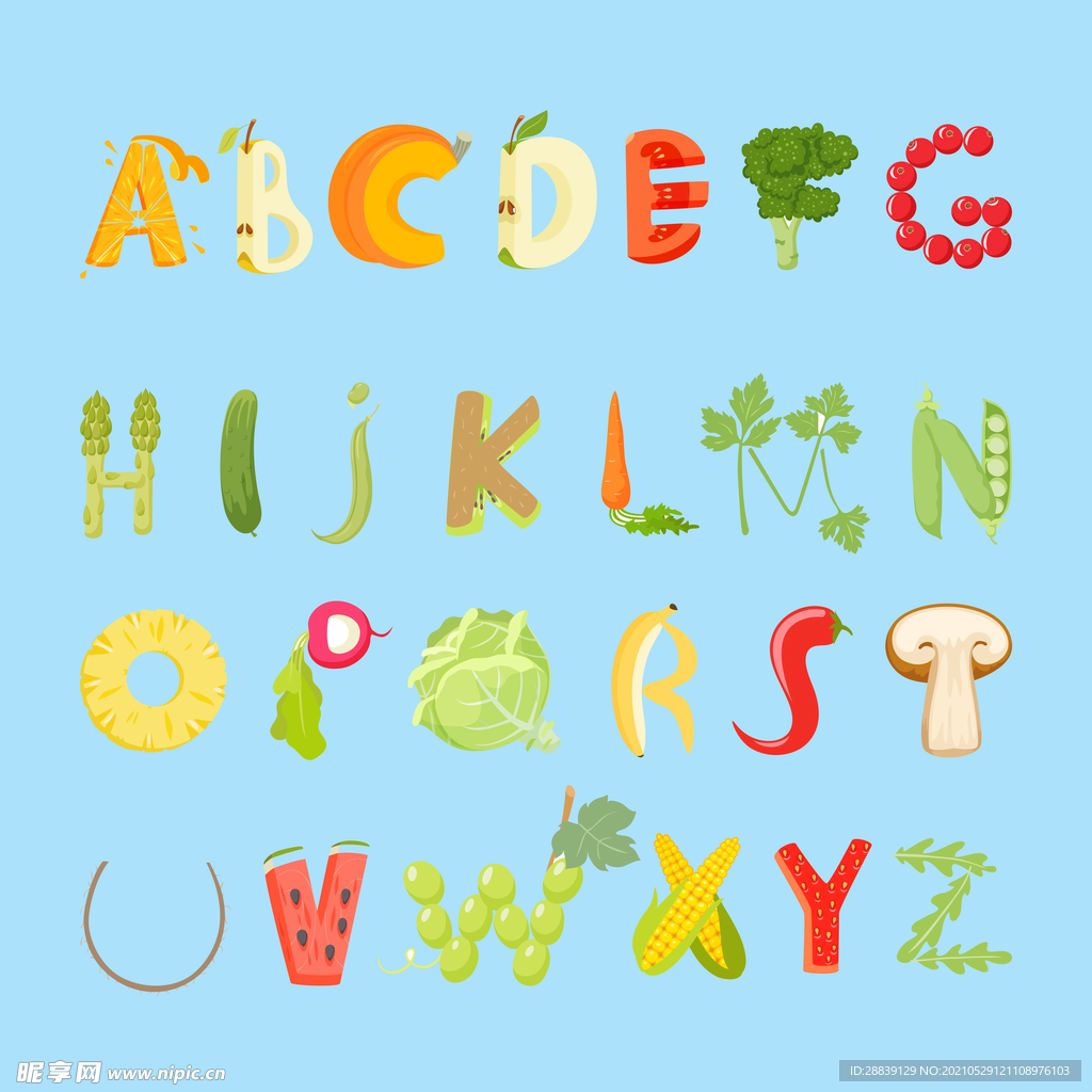 26个蔬菜水果字母设计矢量素材