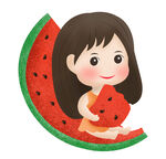 夏天之手绘卡通的小女孩吃西瓜