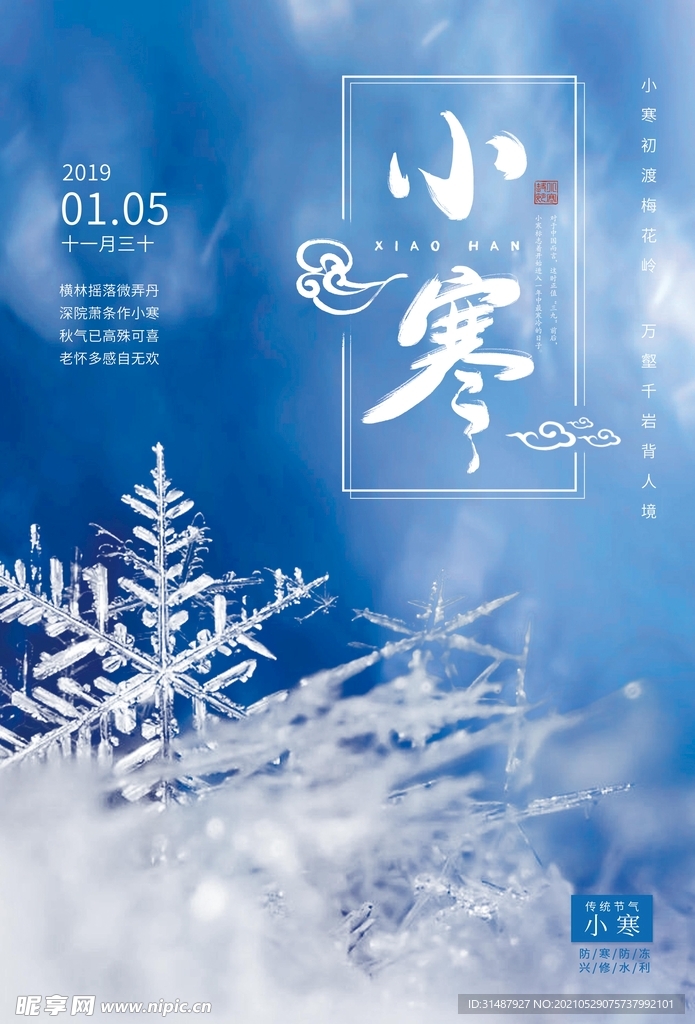 传统24节气冬天雪花小寒海报