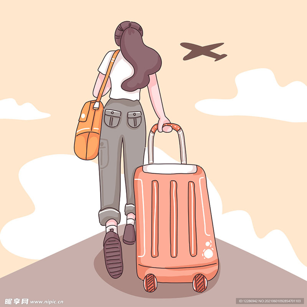 女孩拖着行李旅游