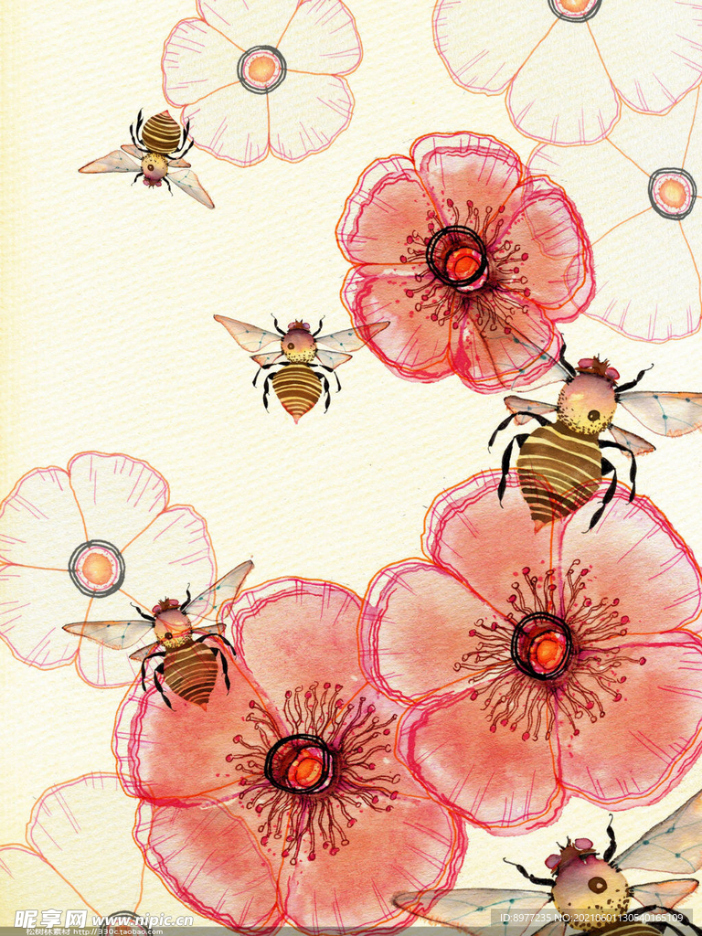 水彩画 蜜蜂 花 插图
