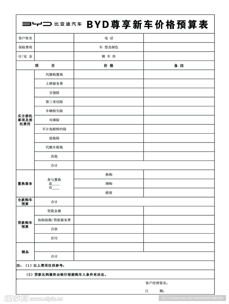 比亚迪预算表