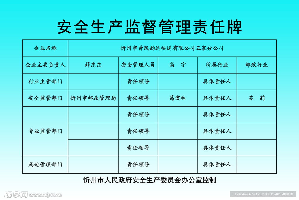 安全生产监督管理责任牌