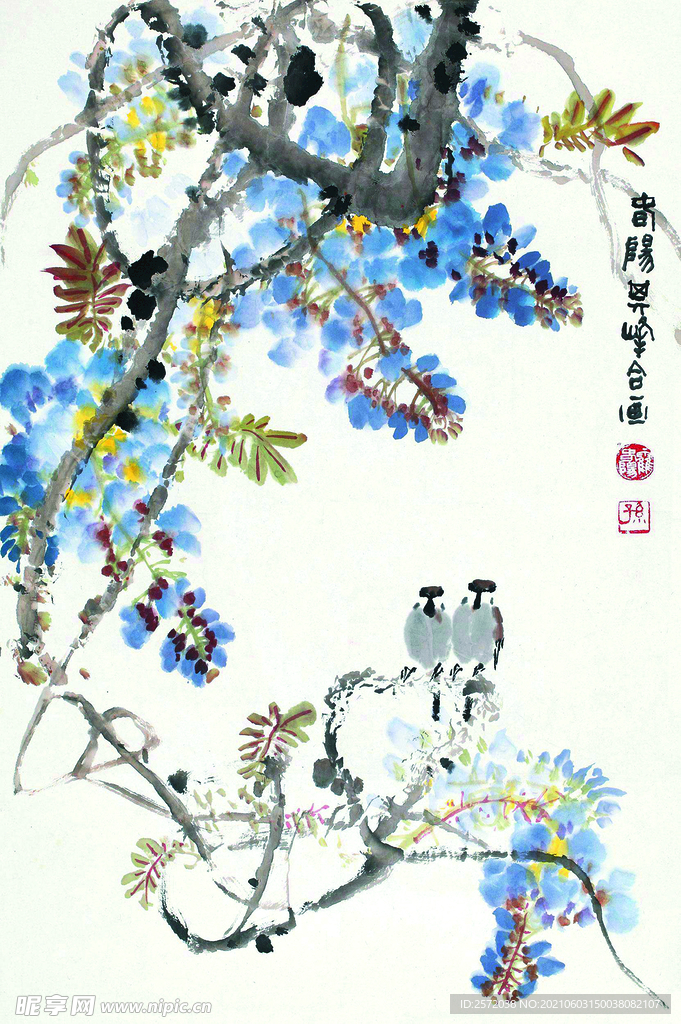 丁香花双雀