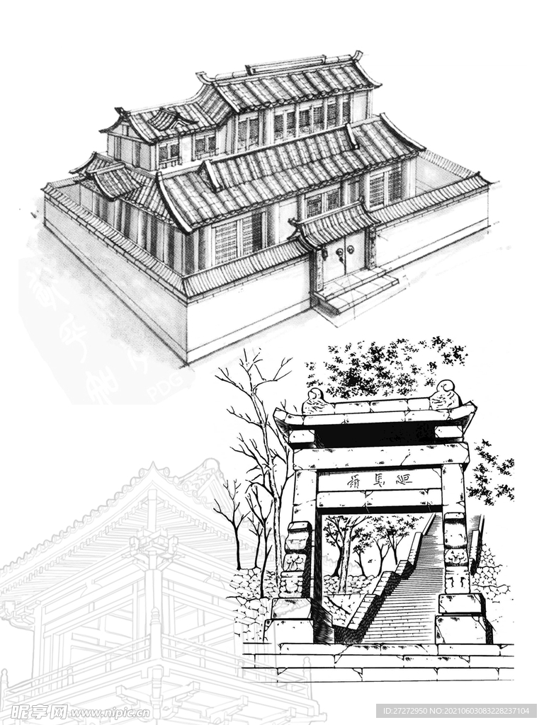 中国风古典建筑乡村路阶梯线条矢