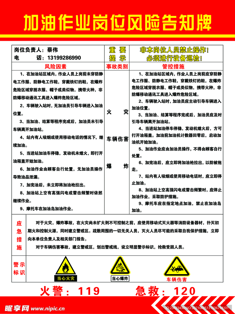 加油作业岗位风险告知牌