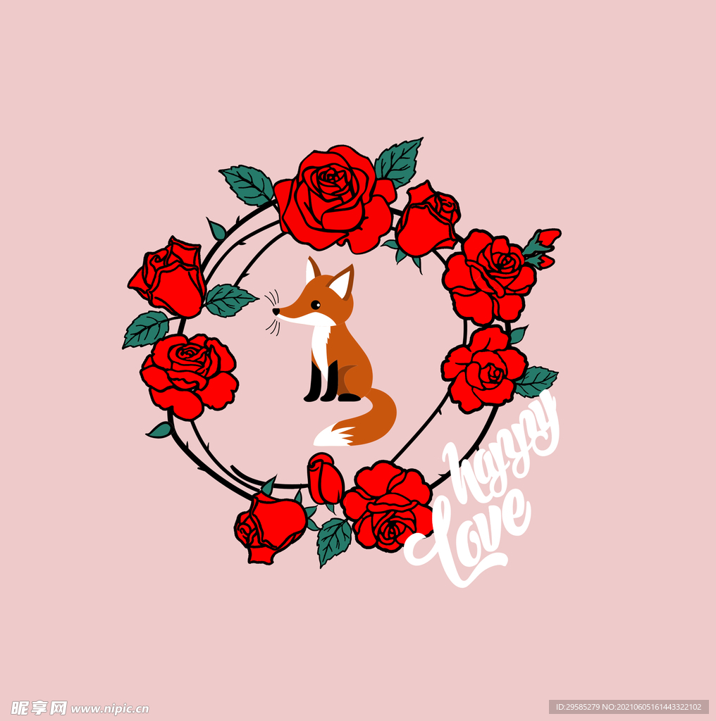 玫瑰花和小狐狸图案
