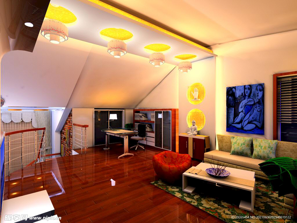 现代阁楼卧室斜顶空间3D模型下载_ID10405835_3dmax免费模型-欧模网