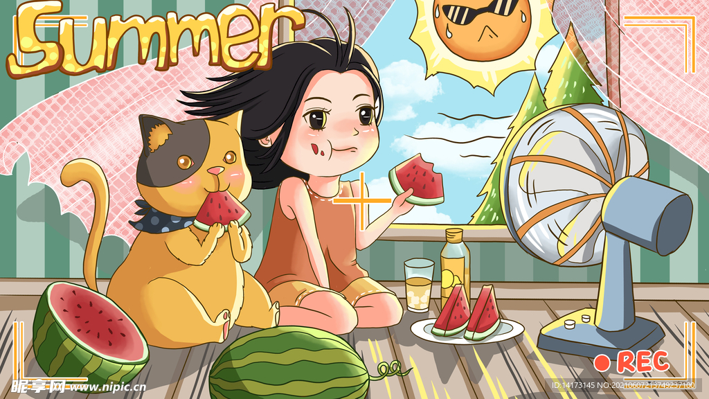 夏天吃西瓜喝冷饮卡通插画海报