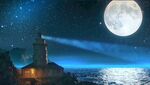 梦幻灯塔月亮海水星空夜晚