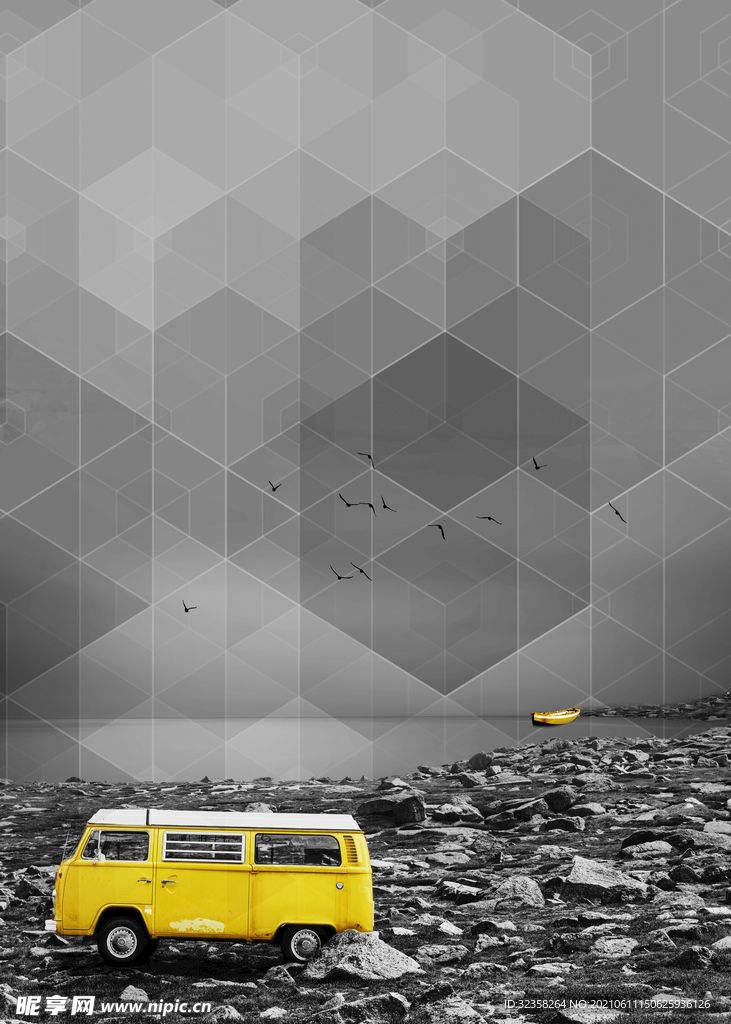 黑白背景小黄车