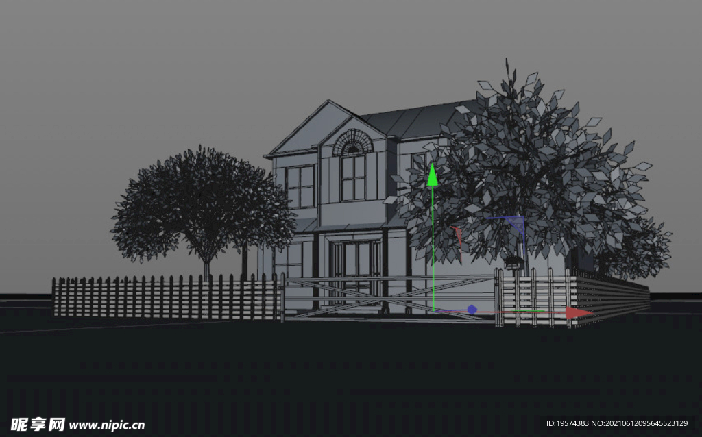 C4D模型别墅建筑庭院院子树木