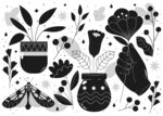 矢量单色花草插画