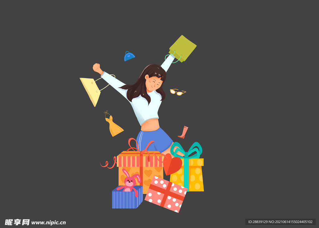 打开礼物的女孩创意手绘元素