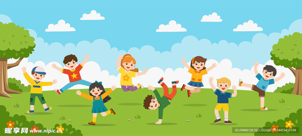 儿童在草坪上跳舞
