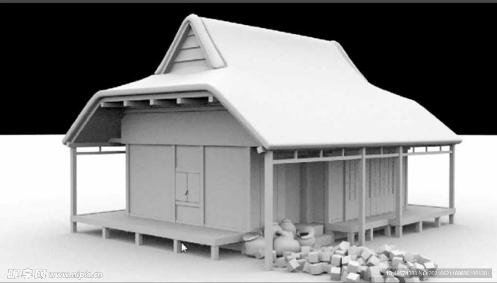 C4D模型日式别墅建筑木屋房子