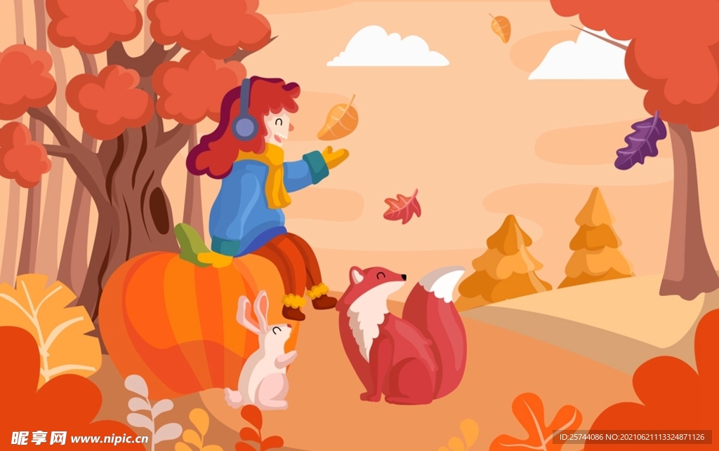 秋季女孩和动物