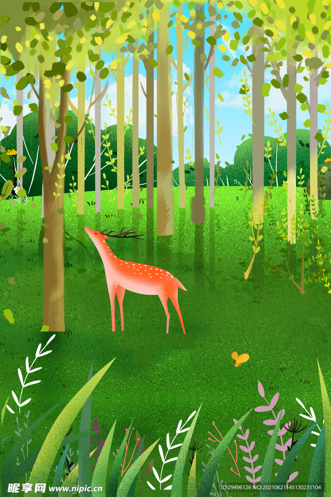 清新手绘森林中的鹿