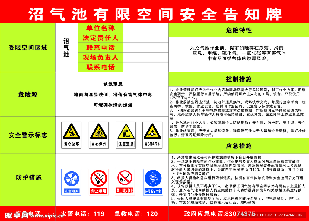 沼气池有限空间危害告知牌 