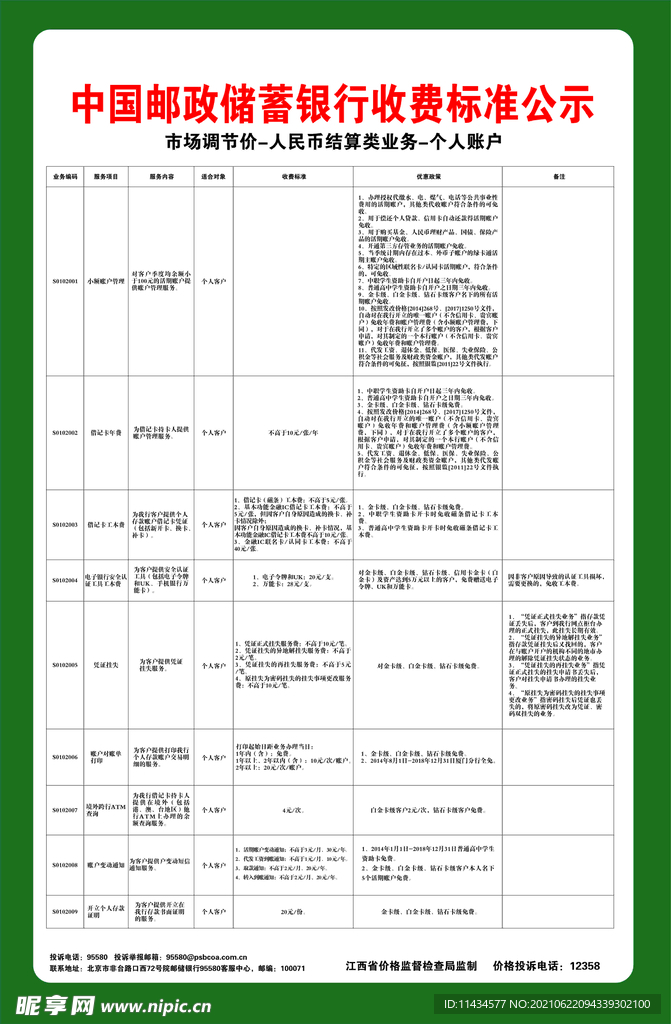 中国邮政储蓄银行收费标准公示