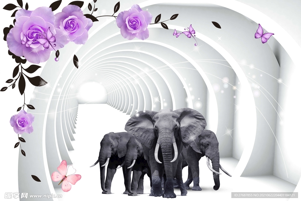 3D大象玫瑰花背景墙