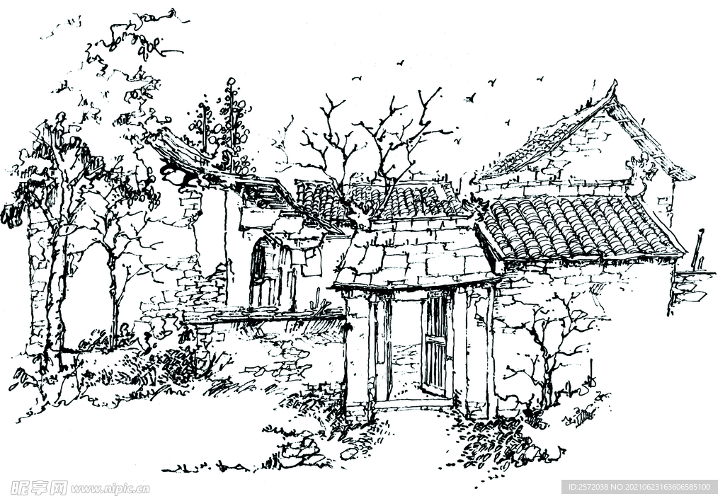 白描画 线条画 钢笔画 风景画