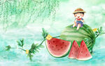 夏至插画西瓜柳树可爱儿童吃西瓜