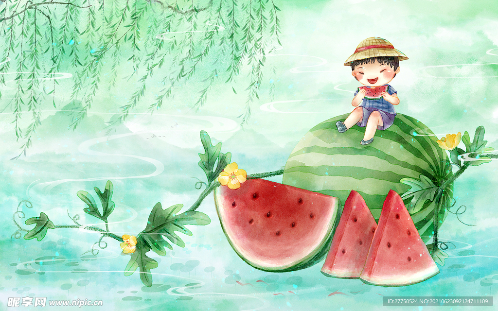 夏至插画西瓜柳树可爱儿童吃西瓜