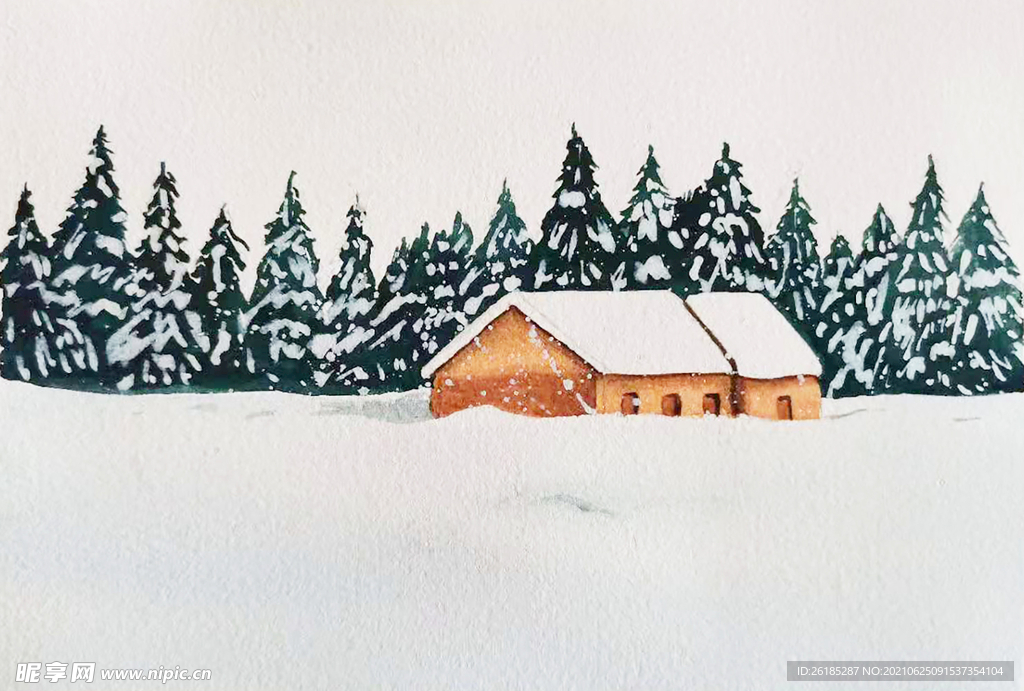 雪景 手绘 水彩