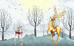 金色麋鹿山水背景墙