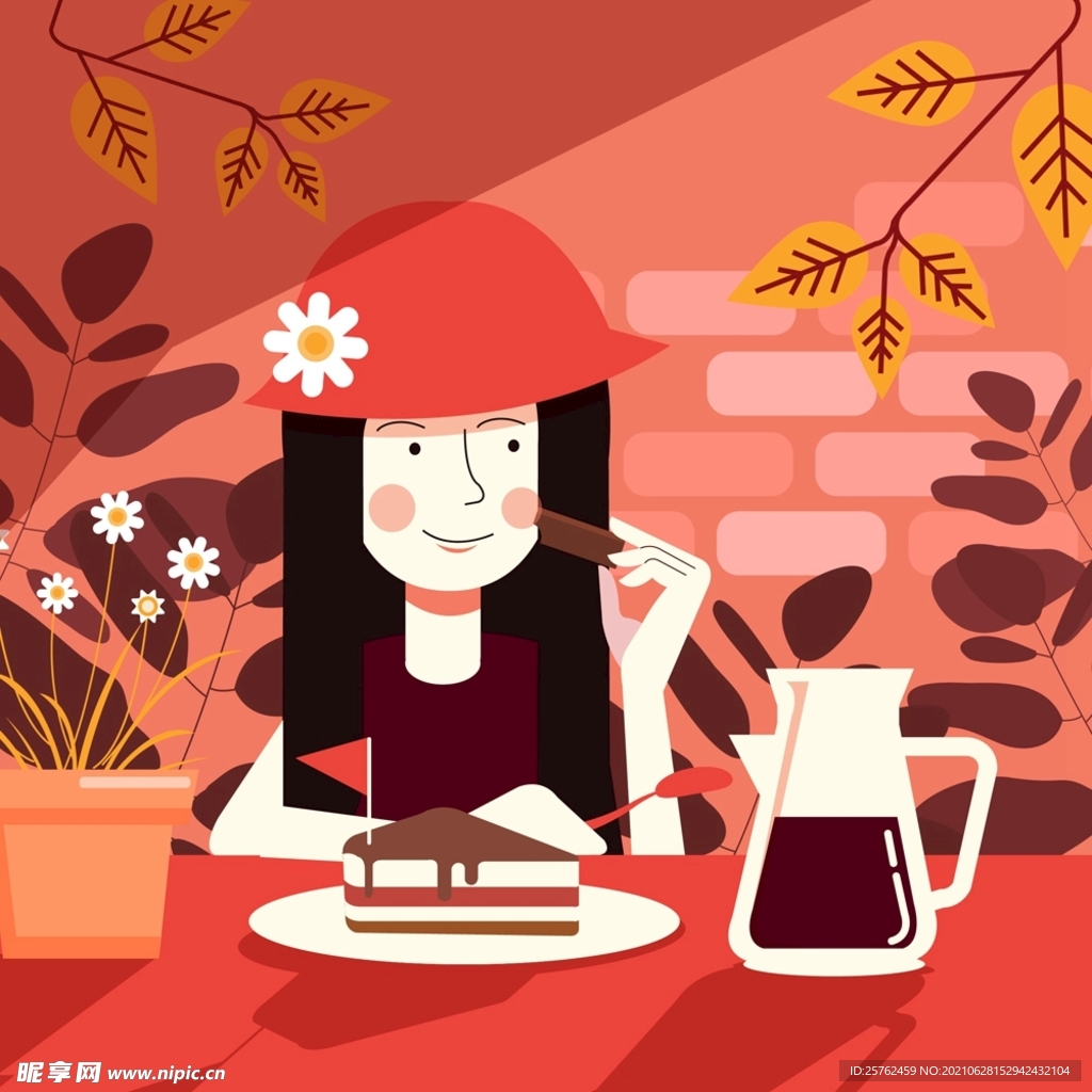 情侣喝下午茶咖啡店插画图片-千库网
