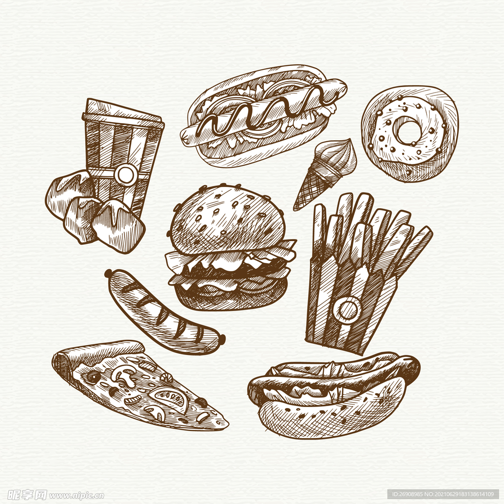 素描风矢量手绘插画快餐饮食汉堡