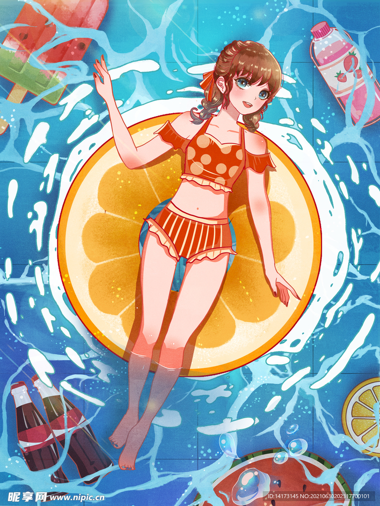 清凉夏天游泳少女泳池插画