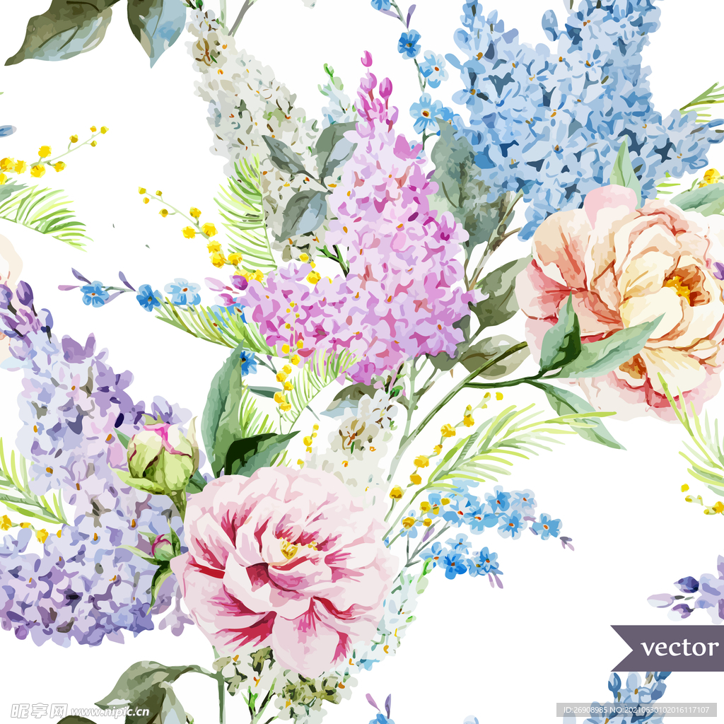 水彩矢量手绘插画花卉丁香牡丹