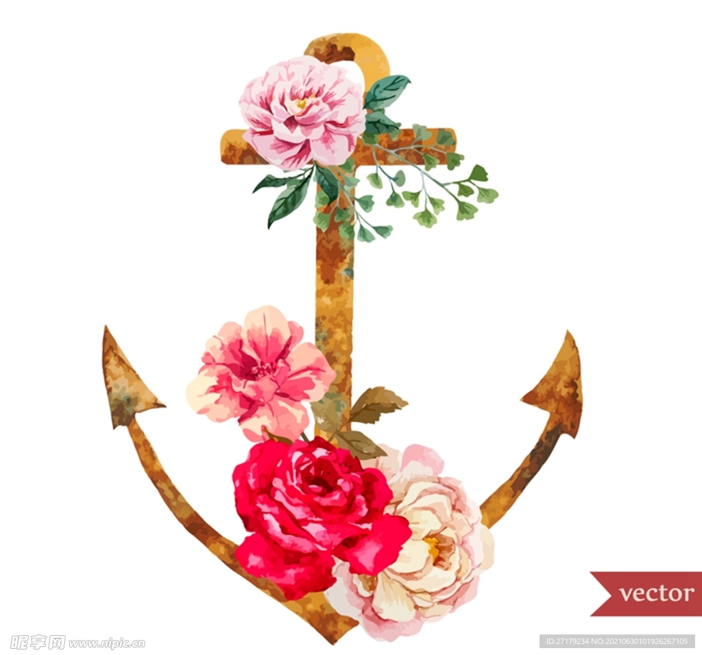 水彩玫瑰和船锚
