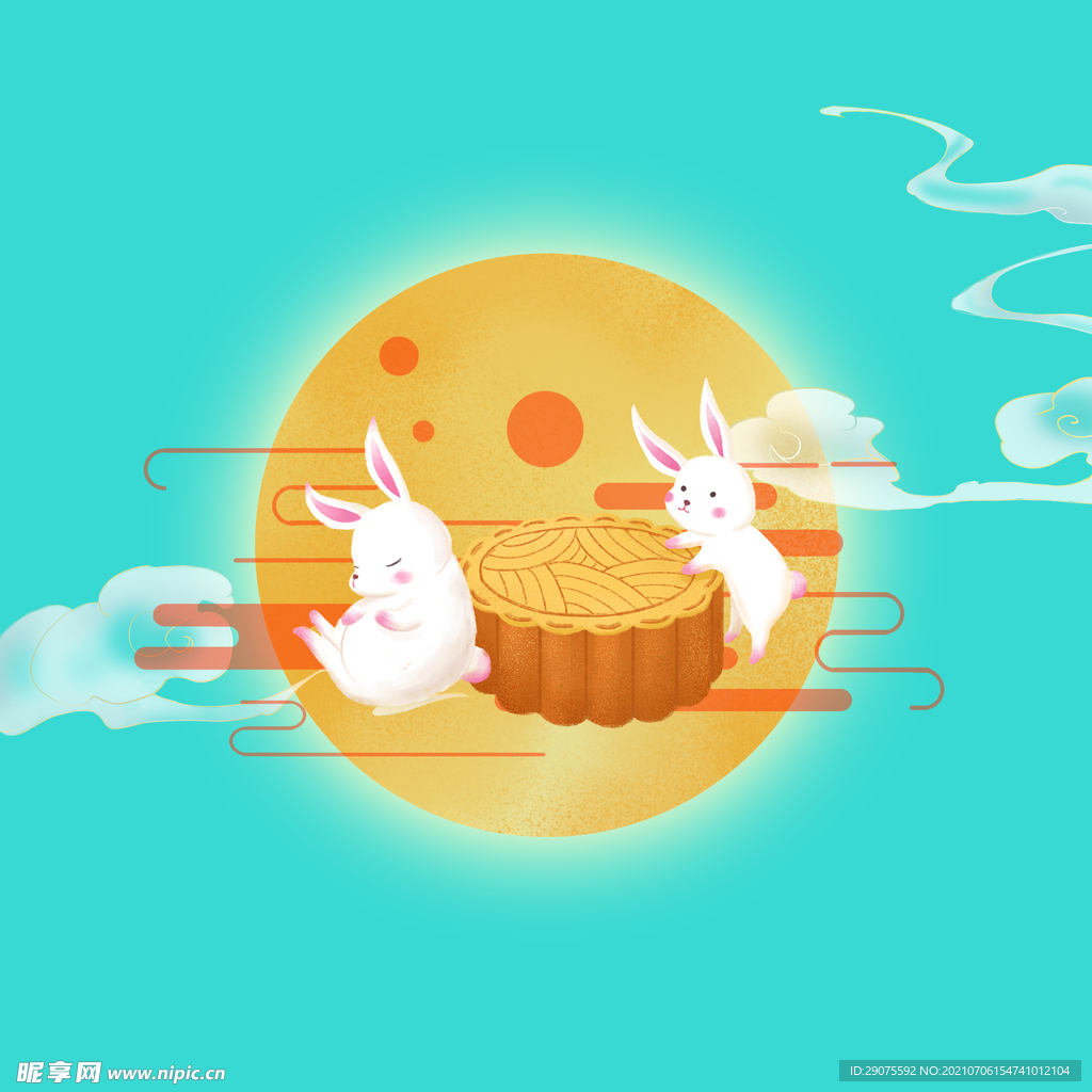 手绘国风国潮古风月饼中秋节兔子