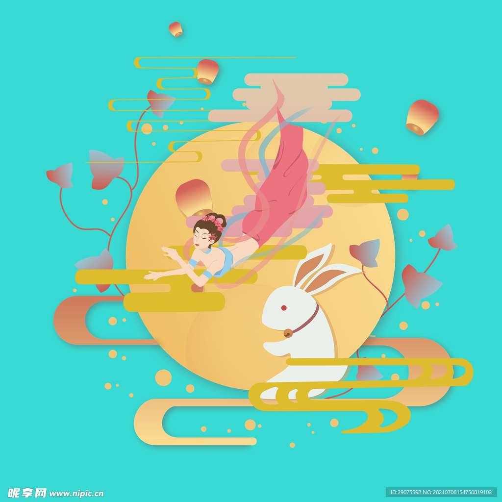 手绘国风国潮古风月饼中秋节仙女