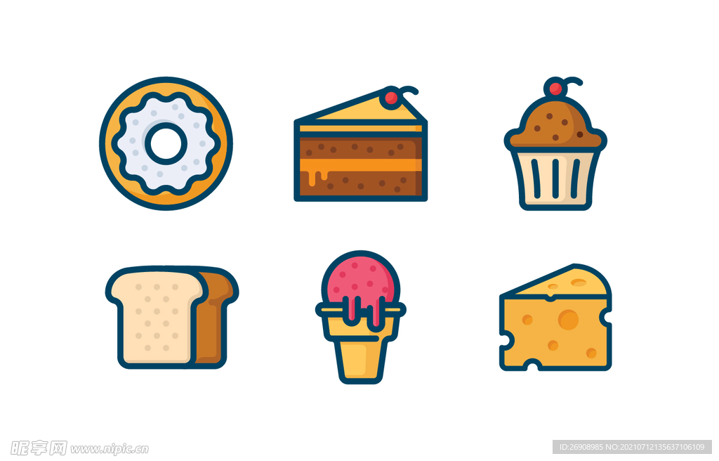 Icon矢量手绘甜品面包