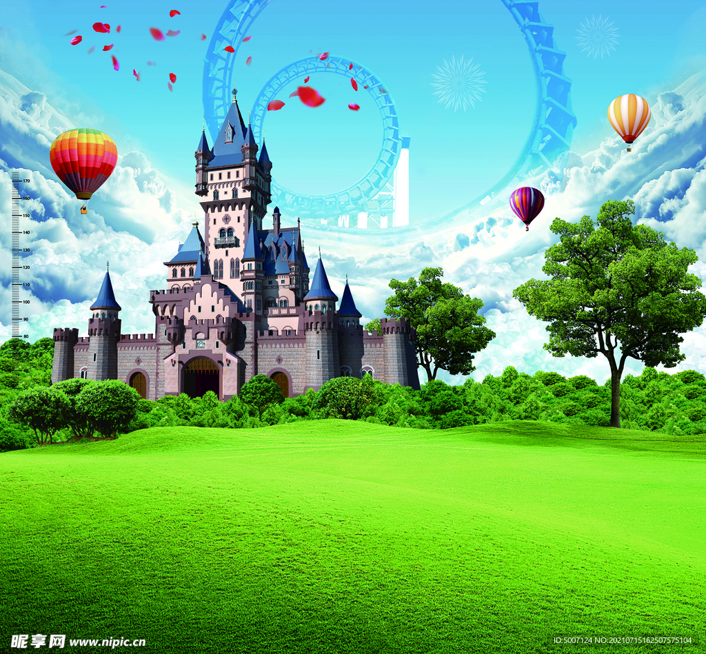 儿童 城堡 天空 热气球 草地