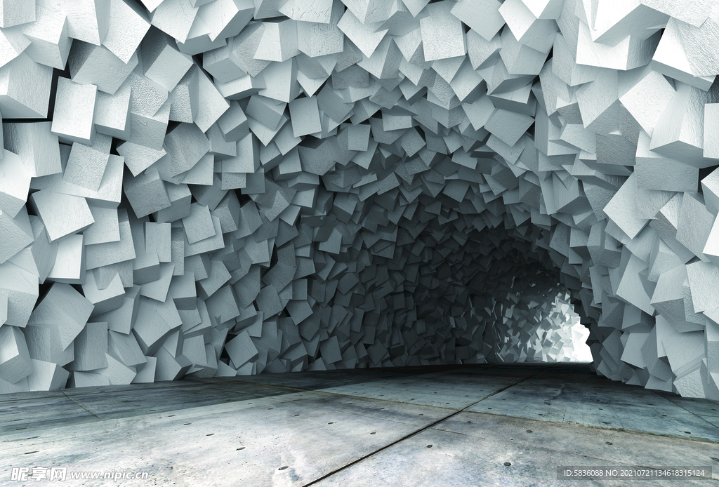 3D立体石块叠筑艺术隧道装饰图