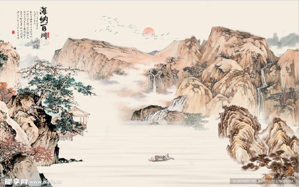 新中式水墨仿古山水国画背景墙