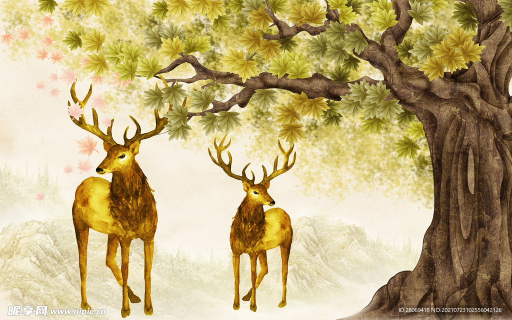 手绘水彩麋鹿大树背景