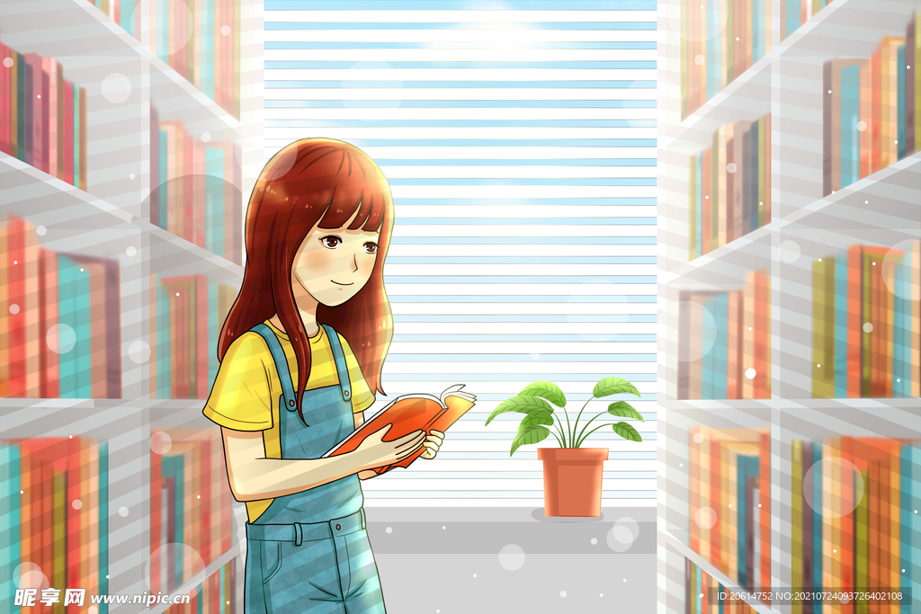 图书馆认真看书的女孩