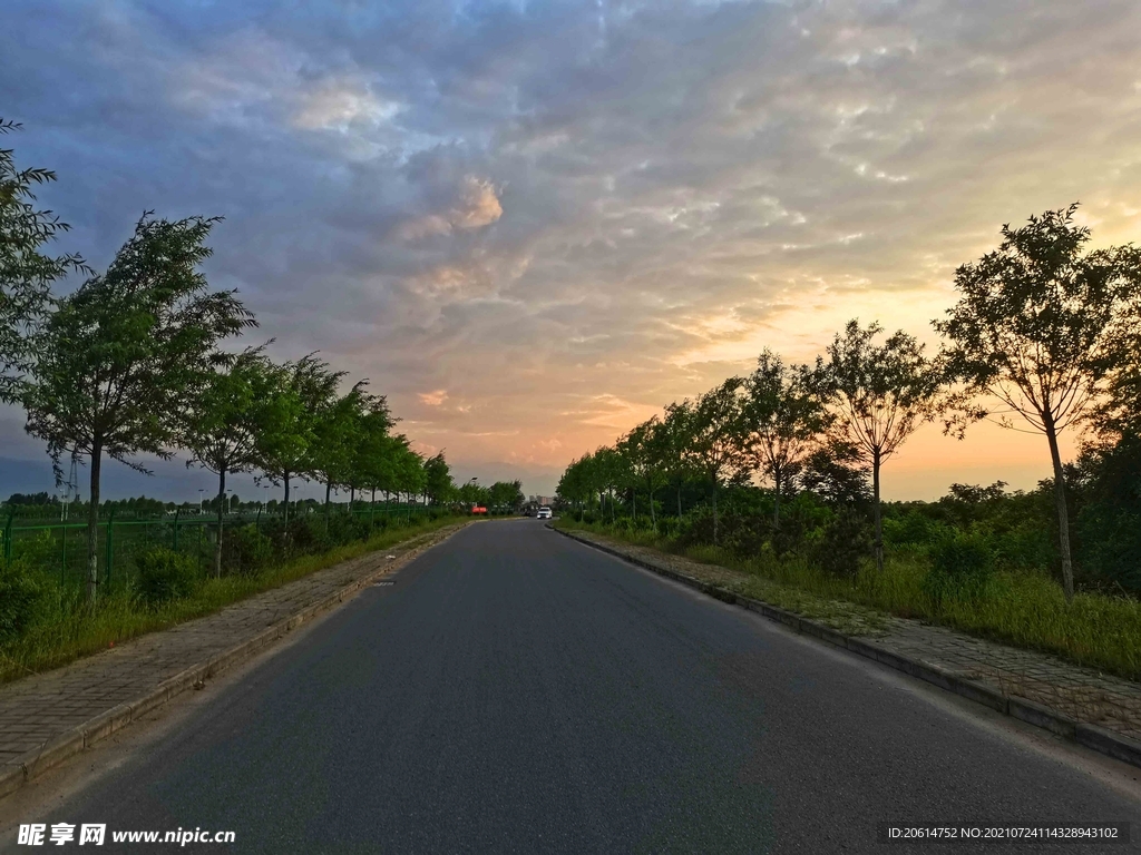 日暮下的乡村道路风景