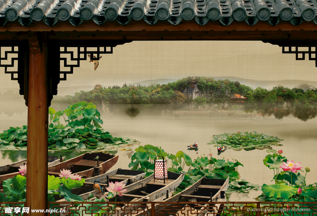复古荷花背景素材